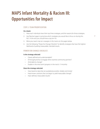 MAPS Infant Mortality & Racism III:
Opportunities for Impact
Step 2: Team Prioritization
As a team:
1. 	 Have each individual share their top three strategies, and the reasons for those strategies.
2. 	 Use flipchart paper to prioritize which strategies you would like to focus on during this
ALC. In the end, you should have a top ten list.
3. 	 Write your team’s top ten strategies in the matrix on the pages below.
4. 	 Use the following “Power for Change Checklist” to identify strategies that have the highest
likelihood of yielding measurable, intended results.

Power for Change Checklist:
Is the strategy selected:
•	

Clearly defined and understandable?

•	

Of enough priority to engage other essential community partners?

•	

Amenable to change?

•	

Doable in the short term (progress in the next 6 - 9 months)

Does the strategy selected:
•	

Have baseline data that are available/accessible, reliable and timely?

•	

Have known solutions that can begin to yield measurable change?

•	

Have defined, measurable results?

7

 