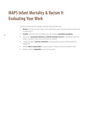 MAPS Infant Mortality & Racism V:
Evaluating Your Work
Continue to develop your evaluation plan by doing the following:
1. 	 Review this exercise with a larger set of stakeholders, which will both yield new ideas and
increase buy in.

22

2. 	 Finalize, and re-prioritize if needed, your list of leading evaluation questions.
3.	

Revisit your proposed indicators, methods and data sources to answer key questions
(seek consultation within your community as needed).

4.	

Shape your team’s plan for evaluation, including what resources will be needed to
implement.

5. 	 Identify who is responsible for executing each component of your evaluation plan.
6. 	 Outline a realistic timetable to carry out your plan.

 
