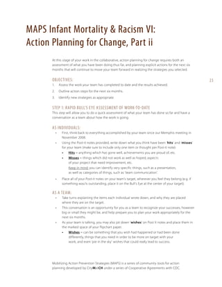 MAPS Infant Mortality & Racism VI:
Action Planning for Change, Part ii
At this stage of your work in the collaborative, action planning for change requires both an
assessment of what you have been doing thus far, and planning explicit actions for the next six
months that will continue to move your team forward in realizing the strategies you selected.

OBJECTIVES:
1. 	 Assess the work your team has completed to date and the results achieved.
2. 	 Outline action steps for the next six months.
3. 	 Identify new strategies as appropriate.

Step 1: Rapid Bull’s Eye Assessment of Work-to-Date
This step will allow you to do a quick assessment of what your team has done so far and have a
conversation as a team about how the work is going.

As INDIVIDUALS:
•	

First, think back to everything accomplished by your team since our Memphis meeting in
November 2008.

•	

Using the Post-it notes provided, write down what you think have been ‘hits’ and ‘misses’
for your team (make sure to include only one item or thought per Post-it note):
•	

Hits = anything which has gone well, achievements you are proud of, etc.

•	

Misses = things which did not work as well as hoped, aspects
of your project that need improvement, etc.
Keep in mind: you can identify very specific things, such as a presentation,
as well as categories of things, such as ‘team communication’.

•	

Place all of your Post-it notes on your team’s target, wherever you feel they belong (e.g. if
something was/is outstanding, place it on the Bull’s Eye at the center of your target).

As A TEAM:
•	

Take turns explaining the items each individual wrote down, and why they are placed
where they are on the target.

•	

This conversation is an opportunity for you as a team to recognize your successes, however
big or small they might be, and help prepare you to plan your work appropriately for the
next six months.

•	

As your team is talking, you may also jot down ‘wishes’ on Post It notes and place them in
the marked space of your flipchart paper.
•	

Wishes = can be something that you wish had happened or had been done
differently, things that you need in order to be more on target with your
work, and even ‘pie in the sky’ wishes that could really lead to success.

Mobilizing Action Prevention Strategies (MAPS) is a series of community tools for action
planning developed by CityMatCH under a series of Cooperative Agreements with CDC.

23

 