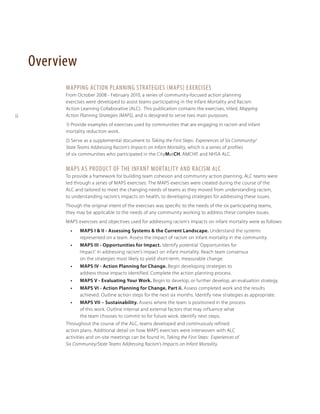Overview
Mapping Action Planning Strategies (MAPS) Exercises

ii

From October 2008 - February 2010, a series of community-focused action planning
exercises were developed to assist teams participating in the Infant Mortality and Racism
Action Learning Collaborative (ALC). This publication contains the exercises, titled, Mapping
Action Planning Strategies (MAPS), and is designed to serve two main purposes:
1) Provide examples of exercises used by communities that are engaging in racism and infant
mortality reduction work.
2) Serve as a supplemental document to Taking the First Steps: Experiences of Six Community/
State Teams Addressing Racism’s Impacts on Infant Mortality, which is a series of profiles
of six communities who participated in the CityMatCH, AMCHP, and NHSA ALC.

MAPS as Product of the Infant Mortality and Racism ALC
To provide a framework for building team cohesion and community action planning, ALC teams were
led through a series of MAPS exercises. The MAPS exercises were created during the course of the
ALC and tailored to meet the changing needs of teams as they moved from understanding racism,
to understanding racism’s impacts on health, to developing strategies for addressing these issues.
Though the original intent of the exercises was specific to the needs of the six participating teams,
they may be applicable to the needs of any community working to address these complex issues.
MAPS exercises and objectives used for addressing racism’s impacts on infant mortality were as follows:
•	

MAPS I & II - Assessing Systems & the Current Landscape. Understand the systems
represented on a team. Assess the impact of racism on infant mortality in the community.

•	

MAPS III - Opportunities for Impact. Identify potential ‘Opportunities for
Impact’ in addressing racism’s impact on infant mortality. Reach team consensus
on the strategies most likely to yield short-term, measurable change.

•	

MAPS IV - Action Planning for Change. Begin developing strategies to
address those impacts identified. Complete the action planning process.

•	

MAPS V - Evaluating Your Work. Begin to develop, or further develop, an evaluation strategy.

•	

MAPS VI - Action Planning for Change, Part ii. Assess completed work and the results
achieved. Outline action steps for the next six months. Identify new strategies as appropriate.

•	

MAPS VII – Sustainability. Assess where the team is positioned in the process
of this work. Outline internal and external factors that may influence what
the team chooses to commit to for future work. Identify next steps.

Throughout the course of the ALC, teams developed and continuously refined
action plans. Additional detail on how MAPS exercises were interwoven with ALC
activities and on-site meetings can be found in, Taking the First Steps: Experiences of
Six Community/State Teams Addressing Racism’s Impacts on Infant Mortality.

 