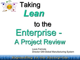 1
GM-GMSGM-GMS
ContinuousContinuous
ImprovementImprovement StandardizationStandardization
Built-In-QualityBuilt-In-Quality
ShortShort
Lead TimeLead Time
PeoplePeople
InvolvementInvolvement
TakingTaking
LeanLean
Enterprise -
A Project Review
Enterprise -
A Project Review
to theto the
Louis Farinola
Director GM-Global Manufacturing System
 