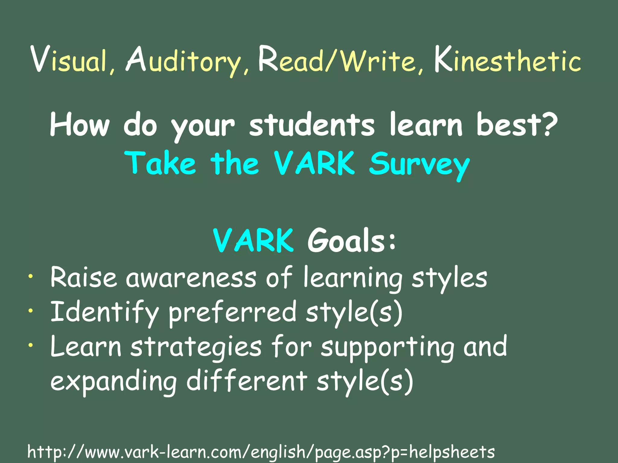 V isual,  A uditory,  R ead/Write,  K inesthetic  How do your students learn best? 	Take the VARK Survey  VARK   Goals:  Raise awareness of learning styles Identify preferred style(s) Learn strategies for supporting and expanding different style(s) http://www.vark-learn.com/english/page.asp?p=helpsheets Fleming and Mills (1992) 