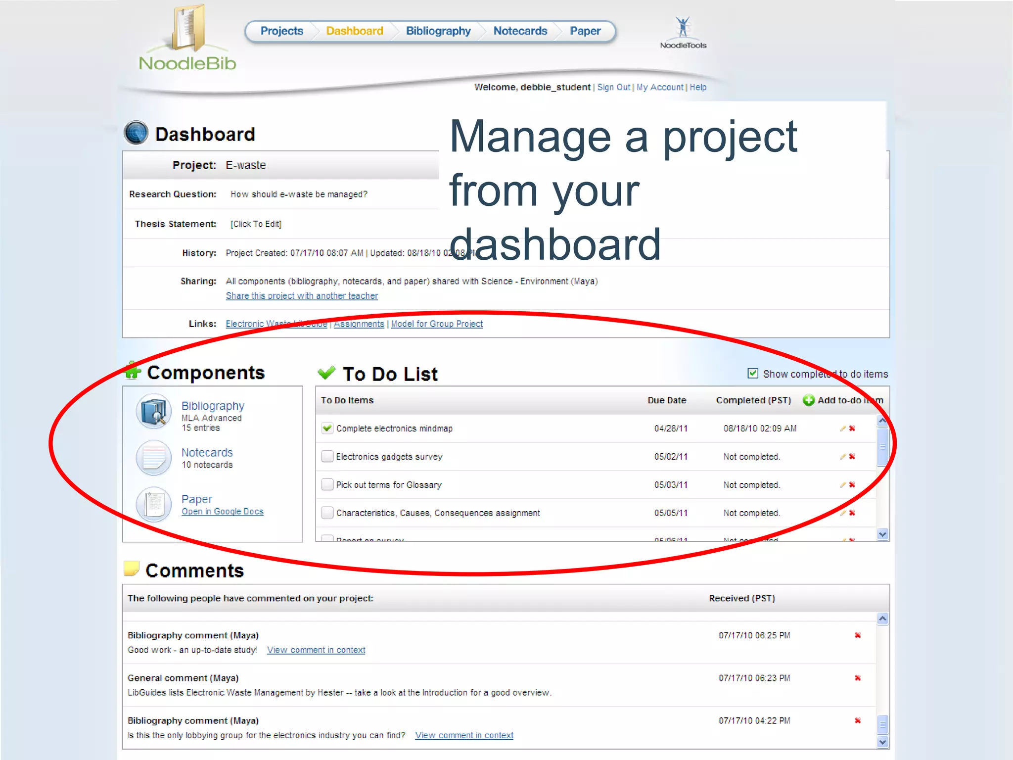 Manage a project from your  dashboard 