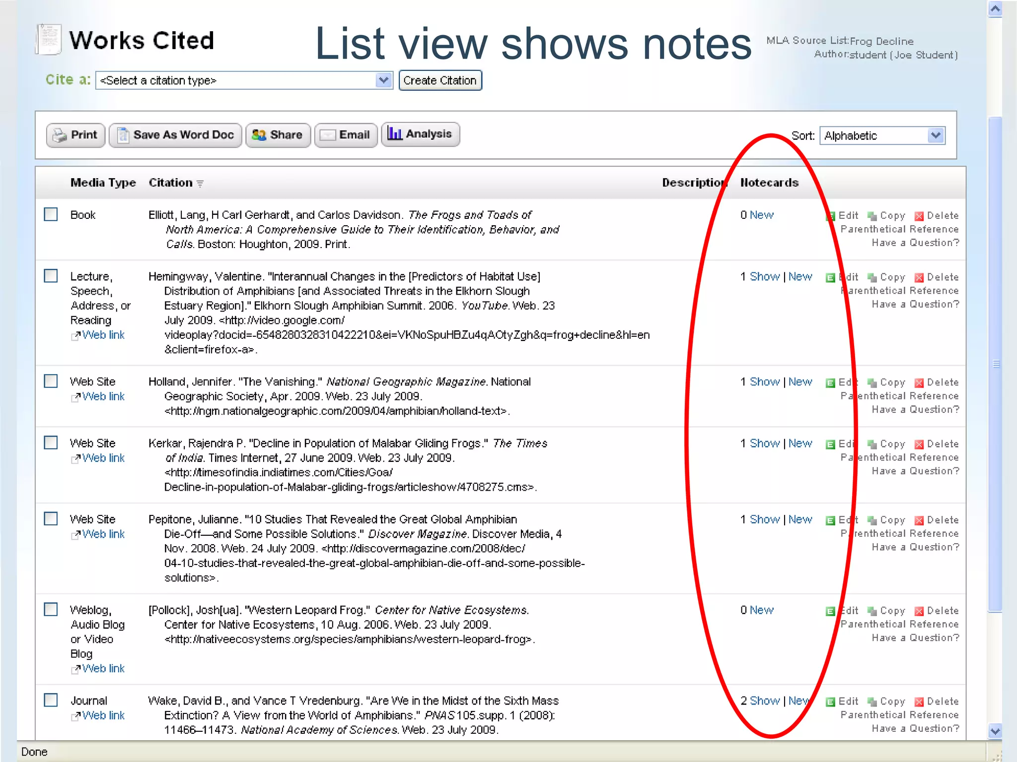 List view shows notes 