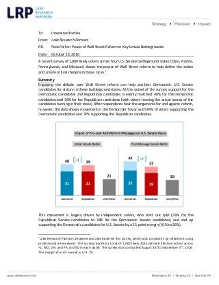 To: Interested Parties
From: Lake Research Partners
RE: New Poll on Power of Wall Street Reform in Key Senate Battlegrounds
Date: October 13, 2016
A recent survey of 1,000 likely voters
Pennsylvania, and Missouri) shows the power of Wall Street reform to
and create critical margins in those races
Summary
Engaging the debate over Wall Street reform can help position Democratic U.S. Senate
candidates for victory in these battleground states. At the outset of the survey, support for the
Democratic candidates and Republican candidates is evenly matched: 40%
candidates and 39% for the Republican candidates (with
candidates running in their state). After respondents hear the arguments for and against reform,
however, the data shows movement in the Democrats
Democratic candidates and 37% supporting the Republican candidates.
This movement is largely driven by independent voters, who
Republican Senate candidates to 34% for the Democratic Senate candidates) and end up
supporting the Democratic candidates for U.S. Senate by a 15
1
Lake Research Partners designed and administered this survey, which was conducted by telephone using
professional interviewers. The survey reached a total of 1,000
FL, MO, OH, and PA (n=250 in each state)
The margin of error overall is +/
Lake Research Partners
New Poll on Power of Wall Street Reform in Key Senate Battlegrounds
likely voters across four U.S. Senate battleground states (Ohio, Florida,
Pennsylvania, and Missouri) shows the power of Wall Street reform to help define the stakes
critical margins in those races.1
ngaging the debate over Wall Street reform can help position Democratic U.S. Senate
candidates for victory in these battleground states. At the outset of the survey, support for the
Democratic candidates and Republican candidates is evenly matched: 40% for
the Republican candidates (with voters hearing the actual names of the
candidates running in their state). After respondents hear the arguments for and against reform,
however, the data shows movement in the Democrats’ favor, with 44% of voters supporting the
Democratic candidates and 37% supporting the Republican candidates.
This movement is largely driven by independent voters, who start out split (33% for the
Republican Senate candidates to 34% for the Democratic Senate candidates) and end up
supporting the Democratic candidates for U.S. Senate by a 15-point margin (41% to 26%).
Lake Research Partners designed and administered this survey, which was conducted by telephone using
e survey reached a total of 1,000 likely 2016 General Election voters across
FL, MO, OH, and PA (n=250 in each state). The survey was conducted August 28
th
to September 5
e margin of error overall is +/-3.1%.
P a g e | 1
New Poll on Power of Wall Street Reform in Key Senate Battlegrounds
across four U.S. Senate battleground states (Ohio, Florida,
help define the stakes
ngaging the debate over Wall Street reform can help position Democratic U.S. Senate
candidates for victory in these battleground states. At the outset of the survey, support for the
for the Democratic
hearing the actual names of the
candidates running in their state). After respondents hear the arguments for and against reform,
’ favor, with 44% of voters supporting the
start out split (33% for the
Republican Senate candidates to 34% for the Democratic Senate candidates) and end up
point margin (41% to 26%).
Lake Research Partners designed and administered this survey, which was conducted by telephone using
neral Election voters across
o September 5
th
, 2016.
 