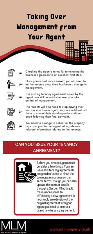 www.mlmproperty.co.uk
Taking Over
Management from
Your Agent
Checking the agent’s terms for terminating the
business agreement is an excellent first step.
CAN YOU ISSUE YOUR TENANCY
AGREEMENT?
Once you’ve had notice served, you will need to
let the tenants know there has been a change in
management.
The existing tenancy agreement issued by the
agent may still be valid whenever you take
control of management.
The tenants will also need to stop paying their
rent via your former agent, so you should instruct
them to cancel their standing order or direct
debit following their final payment.
You need to arrange to collect all the property
keys from your former agent, alongside any
relevant information relating to the tenancy.
Before you proceed, you should
consider a few things. You can
issue new tenancy agreements,
but you don’t need to since the
tenancy can continue on the
same terms, though you can also
update the contact details
through a Section 48 notice. It
makes more sense to
offeIssuing a new agreement is
not simply an extension of the
original agreement with your
agent; you need to create a
brand new tenancy agreement.
 