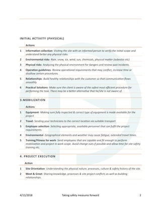 4/11/2018 Taking safety measures forward 2
INITIAL ACTIVITY (PHYSICAL)
Ac�ons
1 Informa�on collec�on- Visiting the site with an informed person to verify the initial scope and
understand better any physical risks.
2 Environmental risks- Rain, snow, ice, wind, sun, chemicals, physical matter (asbestos etc)
3 Physical risks- Analyzing the physical environment for dangers and review past incidents.
4 Opera�on guidelines- Review operational requirements that may conﬂict, increase time or
disallow certain procedures.
5 Rela�onships- Build healthy relationships with the customer so that communication ﬂows
smoothly.
6 Prac�cal Solu�ons- Make sure the client is aware of the safest most eﬃcient procedure for
performing the task. There may be a better alternative that he/she is not aware of.
3.MOBILIZATION
Ac�ons
1 Equipment- Making sure fully inspected & correct type of equipment is made available for the
project
2 Travel- Sending your technicians to the correct location via suitable transport
3 Employee selec�on- Selecting appropriate, available personnel that can fulﬁl the project
requirements.
4 Environmental- Geographical elements and weather may cause fatigue, extended travel times.
5 Training/Fitness for work- Send employees that are capable and ﬁt enough to perform
mobilization and project in work scope. Avoid change outs if possible and allow time for site safety
training etc.
4. PROJECT EXECUTION
Ac�on
1 Site Orienta�on- Understanding the physical nature, processes, culture & safety history of the site.
2 Meet & Greet- Sharing knowledge, processes & site project conﬂicts as well as building
relationships.
 