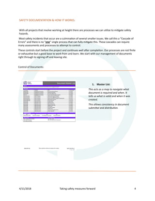 4/11/2018 Taking safety measures forward 4
SAFETY DOCUMENTATION & HOW IT WORKS:
With all projects that involve working at height there are processes we can u�lize to mi�gate safety
hazards.
Most safety incidents that occur are a culmina�on of several smaller issues. We call this a “Cascade of
Errors” and there is no “one” single process that can fully mi�gate this. These cascades can require
many assessments and processes to atempt to control.
These controls start before the project and con�nues well a�er comple�on. Our processes are not ﬁnite
or exhaus�ve but a good base to work from and learn. We start with our management of documents
right through to signing oﬀ and leaving site.
Control of Documents:
1. Master List:
This acts as a map to navigate what
document is required and when. It
tells us what is valid and when it was
created.
This allows consistency in document
submittal and distribution.
 