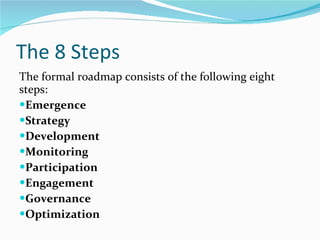 The 8 Steps The formal roadmap consists of the following eight steps: Emergence Strategy Development Monitoring Participation Engagement Governance Optimization  