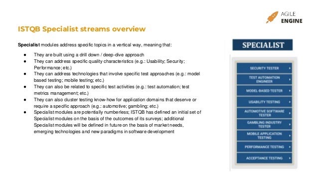 ISTQB Specialist streams overview
Specialist modules address specific topics in a vertical way, meaning that:
● They are built using a drill down / deep-dive approach
● They can address specific quality characteristics (e.g.: Usability; Security;
Performance; etc.)
● They can address technologies that involve specific test approaches (e.g.: model
based testing; mobile testing; etc.)
● They can also be related to specific test activities (e.g.: test automation; test
metrics management; etc.)
● They can also cluster testing know-how for application domains that deserve or
require a specific approach (e.g.: automotive; gambling; etc.)
● Specialist modules are potentially numberless; ISTQB has defined an initial set of
Specialist modules on the basis of the outcomes of its surveys; additional
Specialist modules will be defined in future on the basis of market needs,
emerging technologies and new paradigms in software development
 