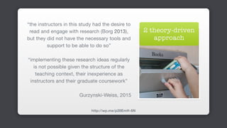 “the instructors in this study had the desire to
read and engage with research (Borg 2013),
but they did not have the necessary tools and
support to be able to do so”

“implementing these research ideas regularly
is not possible given the structure of the
teaching context, their inexperience as
instructors and their graduate coursework” 
Gurzynski-Weiss, 2015
http://wp.me/p28EmH-6N
2 theory-driven
approach
 