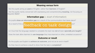 Meaning versus form
Are the pupils acting as users of English, rather than learners of English?
Are the pupils mainly concerned with expressing and comprehending meaning, not focusing on
linguistic form?
Information gap (= écart d’information)
Do pupils close an information gap as a result of the communication that takes place?
As a result of the communication do pupils find out something that they didn’t know?
Learner resources
Is it true that the language needed to complete the task has not all been specially pre-taught?
Does the task allow learners to use language they have learned on other, unrelated occasions?
Outcome or result
Do the pupils use English to achieve an outcome, and not as an end in itself?
Do they have to achieve a result to show that the task is completed?
feedback on task design
 
