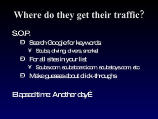 Where do they get their traffic? S.O.P. Search Google for keywords: Scuba, diving, divers, snorkel For all sites in your list Scuba.com, scubaboard.com, scubatoys.com, etc Make guesses about click-throughs Elapsed time: Another day… 