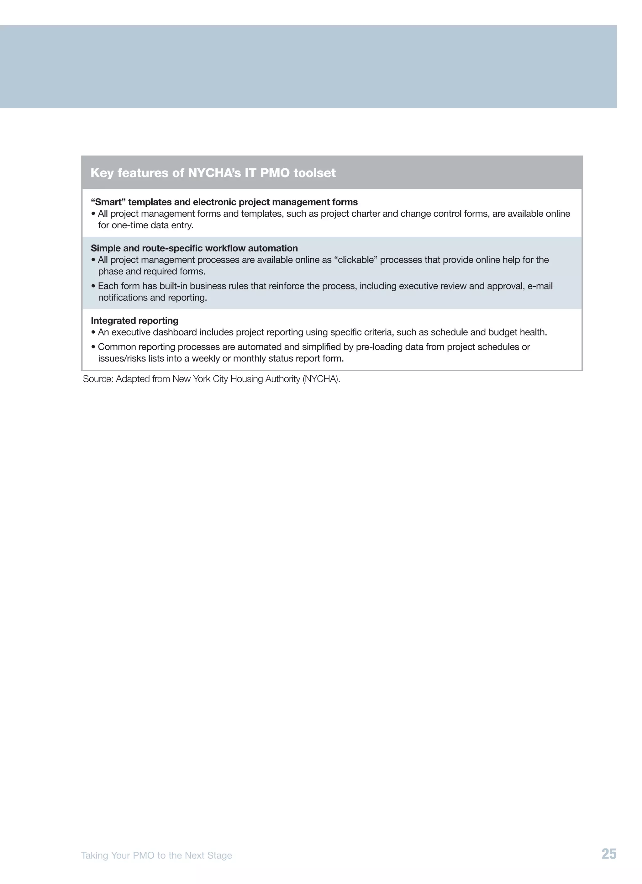 Key features of NYCHA’s IT PMO toolset

  “Smart” templates and electronic project management forms
  • All project management forms and templates, such as project charter and change control forms, are available online
    for one-time data entry.

  Simple and route-specific workflow automation
  • All project management processes are available online as “clickable” processes that provide online help for the
    phase and required forms.
  • Each form has built-in business rules that reinforce the process, including executive review and approval, e-mail
    notifications and reporting.

  Integrated reporting
  • An executive dashboard includes project reporting using specific criteria, such as schedule and budget health.
  • Common reporting processes are automated and simplified by pre-loading data from project schedules or
    issues/risks lists into a weekly or monthly status report form.

Source: Adapted from New York City Housing Authority (NYCHA).




Taking Your PMO to the Next Stage                                                                                        25
 