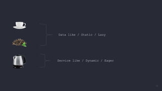 Data like / Static / Lazy
Service like / Dynamic / Eager
17
 