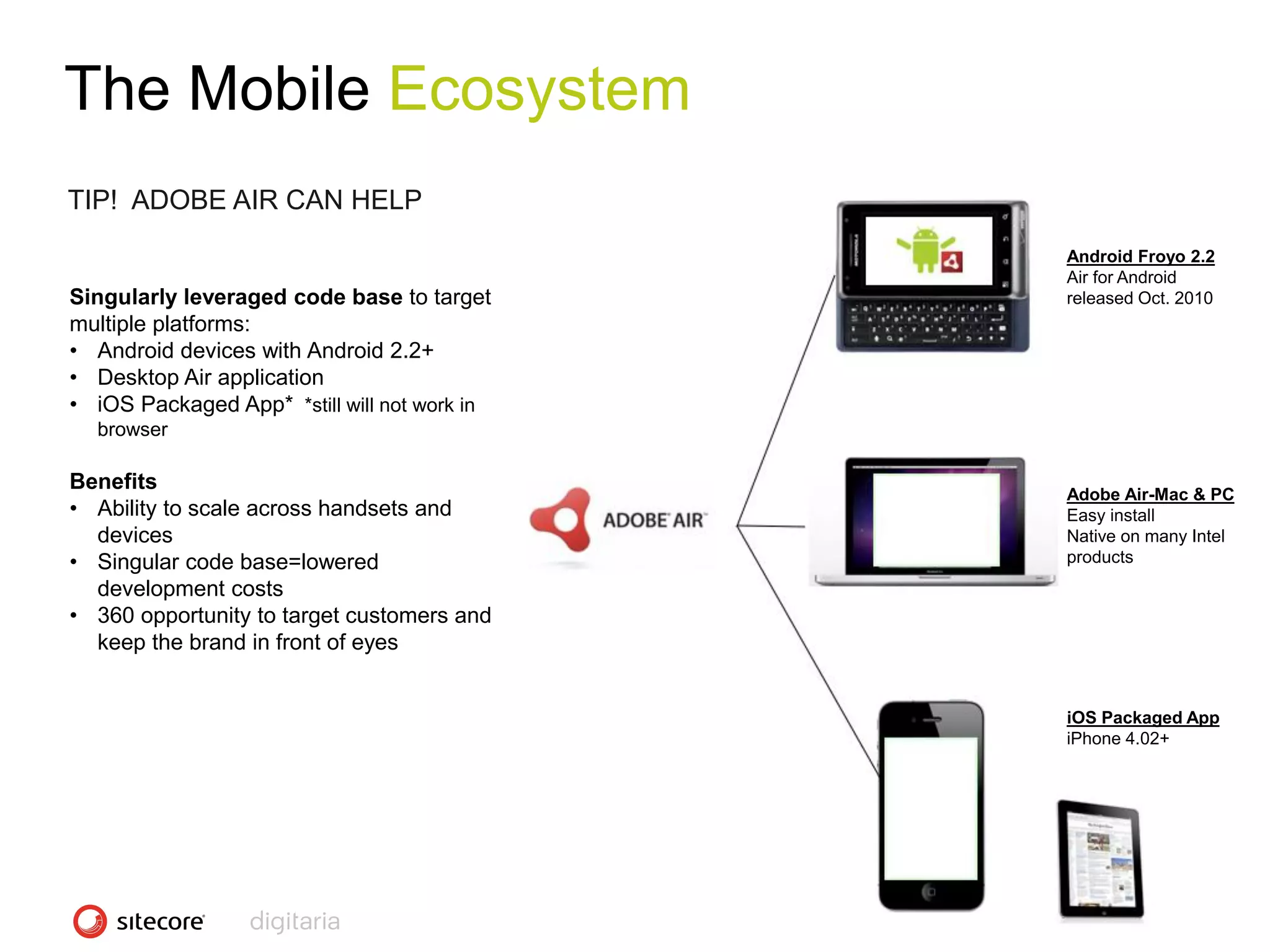 The Mobile Ecosystem
TIP! ADOBE AIR CAN HELP
                                                                    Android Froyo 2.2
                                                                    Air for Android
Singularly leveraged code base to target                            released Oct. 2010
multiple platforms:
• Android devices with Android 2.2+
• Desktop Air application
• iOS Packaged App* *still will not work in
  browser

Benefits
                                                                    Adobe Air-Mac & PC
• Ability to scale across handsets and                              Easy install
  devices                                                           Native on many Intel
• Singular code base=lowered                                        products
  development costs
• 360 opportunity to target customers and
  keep the brand in front of eyes


                                                                    iOS Packaged App
                                                                    iPhone 4.02+




                                              CONFIDENTIAL - COPYRIGHT 2010, ALL RIGHTS RESERVED
 