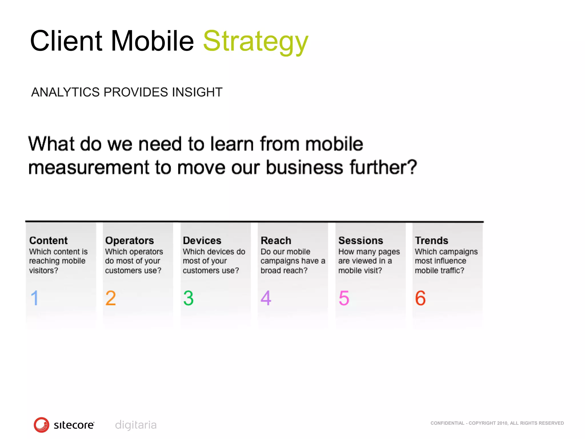 Client Mobile Strategy
ANALYTICS PROVIDES INSIGHT




                             CONFIDENTIAL - COPYRIGHT 2010, ALL RIGHTS RESERVED
 