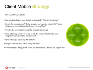 Client Mobile Strategy
INITIAL DISCUSSION

• Has a mobile strategy been defined or discussed? What is the roadmap?

• Who is the core audience? Do the analytics and reporting validate this? What
  insights and user needs can be gleaned from analytics?

• Invest in the user experience, not the corporate experience

• What is typically handled in-house or with 3rd parties? What level of team
  integration is envisioned for development?

• What timeline(s) are driving the solution?

• Budget…and with that…who‘s calling the shots?

• Social dictates a dialogue with users...not a monologue. How do you support this?




                                                                                      CONFIDENTIAL - COPYRIGHT 2010, ALL RIGHTS RESERVED
 