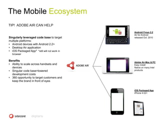 The Mobile Ecosystem
TIP! ADOBE AIR CAN HELP
                                                                    Android Froyo 2.2
                                                                    Air for Android
Singularly leveraged code base to target                            released Oct. 2010
multiple platforms:
• Android devices with Android 2.2+
• Desktop Air application
• iOS Packaged App* *still will not work in
  browser

Benefits
                                                                    Adobe Air-Mac & PC
• Ability to scale across handsets and                              Easy install
  devices                                                           Native on many Intel
• Singular code base=lowered                                        products
  development costs
• 360 opportunity to target customers and
  keep the brand in front of eyes


                                                                    iOS Packaged App
                                                                    iPhone 4.02+




                                              CONFIDENTIAL - COPYRIGHT 2010, ALL RIGHTS RESERVED
 
