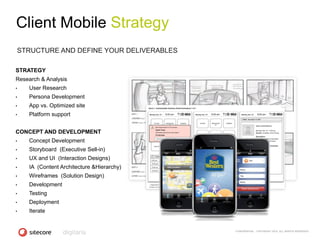 Client Mobile Strategy
STRUCTURE AND DEFINE YOUR DELIVERABLES

STRATEGY
Research & Analysis
•   User Research
•   Persona Development
•   App vs. Optimized site
•   Platform support


CONCEPT AND DEVELOPMENT
•   Concept Development
•   Storyboard (Executive Sell-in)
•   UX and UI (Interaction Designs)
•   IA (Content Architecture &Hierarchy)
•   Wireframes (Solution Design)
•   Development
•   Testing
•   Deployment
•   Iterate


                                           CONFIDENTIAL - COPYRIGHT 2010, ALL RIGHTS RESERVED
 