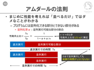 13
アムダールの法則
• まじめに性能を考えれば「並べるだけ」ではダ
メなことがわかる
– プログラムには並列化できる部分とできない部分がある
• 並列化率α：並列実行可能な部分の割合
並列実行可能な部分
逐次実行での時間 Ts
逐次実行 並列実行
並列実行での時間 Tp
逐次実行
Ts １
性能向上比＝ ＝
Tp １－α＋α/ｎ
並列実行
並列実行可能な部分
２台で並列実行しても
総実行時間が1/2にならない
n → ∞のとき
性能向上比は1/(1-α)に漸近
 