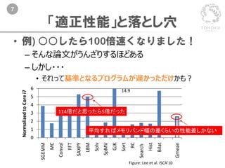 7
• 例) ○○したら100倍速くなりました！
– そんな論文がうんざりするほどある
– しかし・・・
• それって基準となるプログラムが遅かっただけかも？
「適正性能」と落とし穴
Figure: Lee et al. ISCA’10
114倍だと思ったら5倍だった
平均すればメモリバンド幅の差くらいの性能差しかない
 