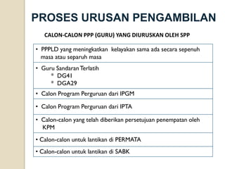PROSES URUSAN PENGAMBILAN 
CALON-CALONPPP(GURU)YANGDIURUSKANOLEHSPP 
•PPPLD yang meningkatkankelayakansamaadasecarasepenuh 
masaatauseparuhmasa 
•Guru SandaranTerlatih 
* DG41 
*DGA29 
•CalonProgram PerguruandariIPGM 
•CalonProgram PerguruandariIPTA 
•Calon-calonyang telahdiberikanpersetujuanpenempatanoleh 
KPM 
•Calon-calonuntuklantikandiPERMATA 
•Calon-calonuntuklantikandiSABK  