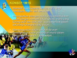 • Memberi akses kepada semua murid untukMemberi akses kepada semua murid untuk
mendapat faedah dari bersukan;mendapat faedah dari bersukan;
• Meningkatkan bilangan murid yang terlibat dalamMeningkatkan bilangan murid yang terlibat dalam
sukan dengan memberi fokus kepada murid yangsukan dengan memberi fokus kepada murid yang
kurang aktif dan tidak aktif supaya terlibat dalamkurang aktif dan tidak aktif supaya terlibat dalam
sekurang-kurangnya satu sukan;sekurang-kurangnya satu sukan;
• Membangunkan sukan sekolah ke arahMembangunkan sukan sekolah ke arah
meningkatkan kadar penyertaan murid dalammeningkatkan kadar penyertaan murid dalam
sekurang-kurangnya 1 jenis sukan;sekurang-kurangnya 1 jenis sukan;
 