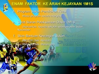 d.d. Program Sukan Pendidikan KhasProgram Sukan Pendidikan Khas
-- Modul program secara intergrasi.Modul program secara intergrasi.
e.e. Surat Siaran Pelaksanaan Dasar 1M1SSurat Siaran Pelaksanaan Dasar 1M1S
-- dikeluarkan kepada sekolah sebelum akhir bulandikeluarkan kepada sekolah sebelum akhir bulan
November.November.
f.f. Skim Bantuan Kewangan SukanSkim Bantuan Kewangan Sukan
-- RM 4.00 (Sek .Rendah)RM 4.00 (Sek .Rendah)
-- RM 6.00 (Sek. Menengah)RM 6.00 (Sek. Menengah)
 
