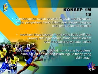 KONSEP 1M
1S
• pembangunan sukan sekolah ke arah meningkatkanpembangunan sukan sekolah ke arah meningkatkan
kadar penyertaan murid dalam sekurang-kurangnyakadar penyertaan murid dalam sekurang-kurangnya
satu jenis sukan di sekolahsatu jenis sukan di sekolah
• memberi fokus kepada murid yang tidak aktif danmemberi fokus kepada murid yang tidak aktif dan
kurang aktif agar setiap murid terlibat dalamkurang aktif agar setiap murid terlibat dalam
sekurang-kurangnya satu sukansekurang-kurangnya satu sukan
• Pada masa yang sama, bakat murid yang berpotensiPada masa yang sama, bakat murid yang berpotensi
akan digilap dan dibangunkan lagi ke tahap yangakan digilap dan dibangunkan lagi ke tahap yang
lebih tinggi.lebih tinggi.
 