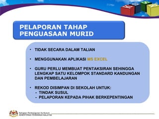 • TIDAK SECARA DALAM TALIAN
• MENGGUNAKAN APLIKASI MS EXCEL
• GURU PERLU MEMBUAT PENTAKSIRAN SEHINGGA
LENGKAP SATU KELOMPOK STANDARD KANDUNGAN
DAN PEMBELAJARAN
• REKOD DISIMPAN DI SEKOLAH UNTUK:
- TINDAK SUSUL
- PELAPORAN KEPADA PIHAK BERKEPENTINGAN

Bahagian Pembangunan Kurikulum
KEMENTERIAN PENDIDIKAN MALAYSIA

 