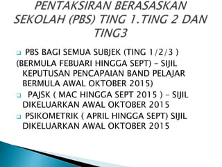  PBS BAGI SEMUA SUBJEK (TING 1/2/3 )
(BERMULA FEBUARI HINGGA SEPT) – SIJIL
KEPUTUSAN PENCAPAIAN BAND PELAJAR
BERMULA AWAL OKTOBER 2015)
 PAJSK ( MAC HINGGA SEPT 2015 ) – SIJIL
DIKELUARKAN AWAL OKTOBER 2015
 PSIKOMETRIK ( APRIL HINGGA SEPT) SIJIL
DIKELUARKAN AWAL OKTOBER 2015
 