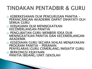  KEBERKESANAN DLM PENGURUSAN PANITIA –
PERANCANGAN AKADEMIK DAPAT DIHAYATI OLH
SEMUA GURU
 KERJASAMA DLM MENINGKATKAN
KECEMERLANGAN PANITIA
 PENGLIBATAN GURU MEMBERI IDEA DLM
MENINGKATKAN PANITIA DAN KECEMERLANGAN
AKADEMIK
 KESEDIAAN GURU SECARA IKHLAS MENJAYAKAN
PROGRAM PANITIA – PERANAN
PENYELARAS/GURU CEMERLANG/INISIATIF GURU
 BERKONGSI KEJAYAAN
PANITIA/BIDANG/UNIT/SEKOLAH
 