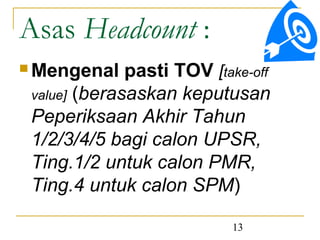 Asas Headcount :
 Mengenal    pasti TOV [take-off
 value] (berasaskan keputusan
 Peperiksaan Akhir Tahun
 1/2/3/4/5 bagi calon UPSR,
 Ting.1/2 untuk calon PMR,
 Ting.4 untuk calon SPM)

                           13
 