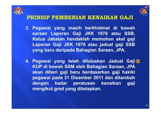 PRINSIP PEMBERIAN KENAIKAN GAJI
3. Pegawai yang masih berkhidmat di bawah
   saraan Laporan Gaji JKK 1976 atau SSB,
   Ketua Jabatan hendaklah memohon skel gaji
   Laporan Gaji JKK 1976 atau jadual gaji SSB
   yang baru daripada Bahagian Saraan, JPA.

4. Pegawai yang telah diluluskan Jadual Gaji
   KUP di bawah SSM oleh Bahagian Saraan, JPA
   akan diberi gaji baru berdasarkan gaji hakiki
   pegawai pada 31 Disember 2011 dan ditambah
   dengan kadar peratusan kenaikan gaji
   mengikut gred yang ditetapkan.


                                                   17
 