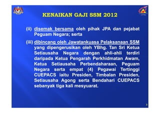 KENAIKAN GAJI SSM 2012

(ii) disemak bersama oleh pihak JPA dan pejabat
     Peguam Negara; serta
(iii) dibincang oleh Jawatankuasa Pelaksanaan SSM
      yang dipengerusikan oleh YBhg. Tan Sri Ketua
      Setiausaha Negara dengan ahli-ahli terdiri
      daripada Ketua Pengarah Perkhidmatan Awam,
      Ketua Setiausaha Perbendaharaan, Peguam
      Negara serta empat (4) Pegawai Tertinggi
      CUEPACS iaitu Presiden, Timbalan Presiden,
      Setiausaha Agong serta Bendahari CUEPACS
      sebanyak tiga kali mesyuarat.


                                                     3
 