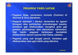 PEGAWAI YANG LAYAK

Pegawai tetap, sementara, kontrak (Contract of
Service) & Guru Sandaran.
Pegawai dipinjam / ditukar sementara ke agensi
Kerajaan atau pertubuhan antarabangsa/ swasta,
kenaikan gaji dilaksanakan mengikut gred gaji
jawatan peminjaman atau pertukaran sementara.
Gaji hakiki pegawai berkenaan hendaklah
diselaraskan secara isyarat oleh Ketua Jabatan.
Pegawai yang cuti bergaji penuh, kenaikan gaji
dilaksanakan atas gaji hakiki yang diterima.


                                       … sambung   6
 