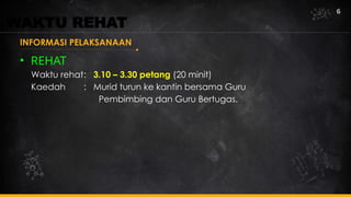 • REHAT
Waktu rehat: 3.10 – 3.30 petang (20 minit)
Kaedah : Murid turun ke kantin bersama Guru
Pembimbing dan Guru Bertugas.
6
WAKTU REHAT
INFORMASI PELAKSANAAN
 