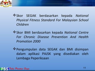 Skor SEGAK berdasarkan kepada National 
Physical Fitness Standard For Malaysian School 
Children 
Skor BMI berdasarkan kepada National Centre 
For Chronic Disease Prevention And Health 
Promotion 2000 
Pengumpulan data SEGAK dan BMI disimpan 
dalam aplikasi PAJSK yang disediakan oleh 
Lembaga Peperiksaan 
11 
 