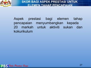 Aspek prestasi bagi elemen tahap 
pencapaian menyumbangkan kepada 
20 markah untuk aktiviti sukan dan 
kokurikulum 
27 
SKOR BAGI ASPEK PRESTASI UNTUK 
ELEMEN TAHAP PENCAPAIAN 
 