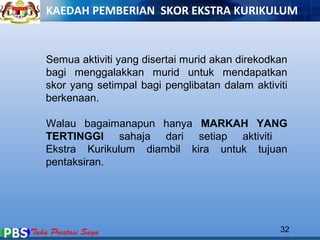 KAEDAH PEMBERIAN SKOR EKSTRA KURIKULUM 
Semua aktiviti yang disertai murid akan direkodkan 
bagi menggalakkan murid untuk mendapatkan 
skor yang setimpal bagi penglibatan dalam aktiviti 
berkenaan. 
Walau bagaimanapun hanya MARKAH YANG 
TERTINGGI sahaja dari setiap aktiviti 
Ekstra Kurikulum diambil kira untuk tujuan 
pentaksiran. 
32 
 