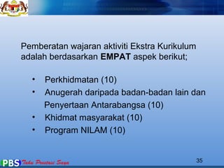 Pemberatan wajaran aktiviti Ekstra Kurikulum 
adalah berdasarkan EMPAT aspek berikut; 
• Perkhidmatan (10) 
• Anugerah daripada badan-badan lain dan 
Penyertaan Antarabangsa (10) 
• Khidmat masyarakat (10) 
• Program NILAM (10) 
35 
 