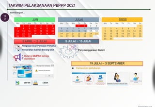 10
3
TAKWIM PELAKSANAAN PBPPP 2021
JUN
Mo Tu We Th Fr Sa Su
1 2 3 4 5 6
7 8 9 10 11 12 13
14 15 16 17 18 19 20
21 22 23 24 25 26 27
28 29 30
JULAI
Mo Tu We Th Fr Sa Su
1 2 3 4
5 6 7 8 9 10 11
12 13 14 15 16 17 18
19 20 21 22 23 24 25
26 27 28 29 30 31
OGOS
Mo Tu We Th Fr Sa Su
1
2 3 4 5 6 7 8
9 10 11 12 13 14 15
16 17 18 19 20 21 22
23 24 25 26 27 28 29
30 31
 Kemas kini pertukaran
Kemas kini pertukaran
5 APRIL – 2 JULAI


Pengisian Skor Penilaian Pertama
Pengisian Skor Penilaian Pertama
Penyerahan Salinan Borang Skor
Penyerahan Salinan Borang Skor
Butang SIMPAN sahaja
diaktifkan
Butang SIMPAN sahaja
diaktifkan
Butang SIMPAN sahaja
diaktifkan
Butang SIMPAN sahaja
diaktifkan
Butang SIMPAN sahaja
diaktifkan
5 JULAI – 16 JULAI
Penyelenggaraan Sistem
Penyelenggaraan Sistem
19 JULAI – 3 SEPTEMBER
sambungan…
…
 