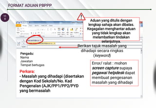 11
0
FORMAT ADUAN PBPPP
Berikan tajuk masalah yang
dihadapi secara ringkas
(keyword)
Pengadu:
Nama
Jawatan
Tempat bertugas
Perkara:
- Masalah yang dihadapi (disertakan
dengan Kod Sekolah/No. Kad
Pengenalan (AJK/PP1/PP2/PYD
yang bermasalah
Error/ ralat : mohon
screen capture supaya
pegawai helpdesk dapat
membuat pengesanan
masalah yang dihadapi
Aduan yang ditulis dengan
lengkap sahaja akan dibalas.
Kegagalan menghantar aduan
yang tidak lengkap akan
melambatkan tindakan
selanjutnya.
 
