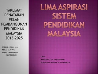 TAKLIMAT
PENATARAN
PELAN
PEMBANGUNAN
PENDIDIKAN
MALAYSIA
2013-2025
TARIKH: 4 OGOS 2014
MASA : 2.30 PTG
TEMPAT: BILIK GURU
SJK(T) KERUH
Oleh:
ANPARASUA/L KADAMPIAH
PENOLONGKANANPENTADBIRAN
 