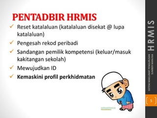SISTEMMAKLUMATPENGURUSAN
SUMBERMANUSIA
5
HRMIS
PENTADBIR HRMIS
 Reset katalaluan (katalaluan disekat @ lupa
katalaluan)
 Pengesah rekod peribadi
 Sandangan pemilik kompetensi (keluar/masuk
kakitangan sekolah)
 Mewujudkan ID
 Kemaskini profil perkhidmatan
 