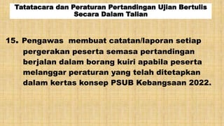 Tatatacara dan Peraturan Pertandingan Ujian Bertulis
Secara Dalam Talian
15. Pengawas membuat catatan/laporan setiap
pergerakan peserta semasa pertandingan
berjalan dalam borang kuiri apabila peserta
melanggar peraturan yang telah ditetapkan
dalam kertas konsep PSUB Kebangsaan 2022.
 
