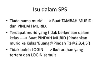 Isu dalam SPS 
•Tiada nama murid ----> Buat TAMBAH MURID dan PINDAH MURID. 
•Terdapat murid yang tidak berkenaan dalam kelas ----> Buat PINDAH MURID (Pindahkan murid ke Kelas ‘Buang@Pindah T1@2,3,4,5’) 
•Tidak boleh LOGIN ----> Ikut arahan yang tertera dan LOGIN semula. 
 