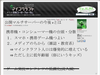 携帯機・コンシューマー機の台頭・分散
公開マルチサーバーの今後 #とは
ゲーム実況コンテンツの低調化(流入減)
１．スマホ・携帯ゲーム機つよい
２．メディアのちから（雑誌・教育系）
⇒ マインクラフト人口は爆発的に増えている
⇒ ただし主に低年齢層（俗にいうキッズ）
 