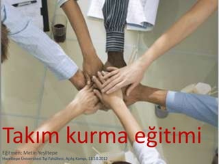 Takım kurma eğitimi
Eğitmen: Metin Yeşiltepe
Hacettepe Üniversitesi Tıp Fakültesi, Açılış Kampı, 13.10.2012
 